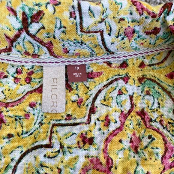 Anthropologie Pilcro Sz 1X Pintuck Peasant Blouse Yellow Floral Crochet Cottage - Picture 12 of 16